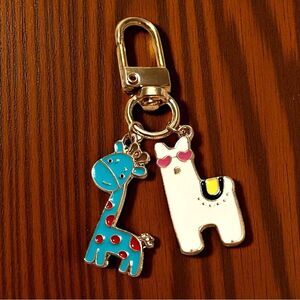 Cute Blue Giraffe and White Llama Keychain Zipper Pull